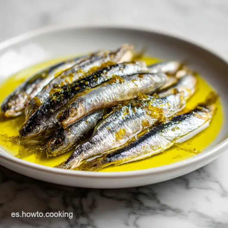 Delicate, silvery boquerones artfully arranged on a small plate, drizzled with olive oil, next to a crusty bread slice for...