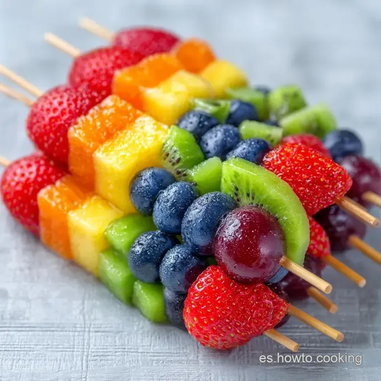 Brochetas de fruta fresca dispuestas en abanico, con gotas de miel brillante y hojas de menta verde sobre cer&aacute;mica gris.