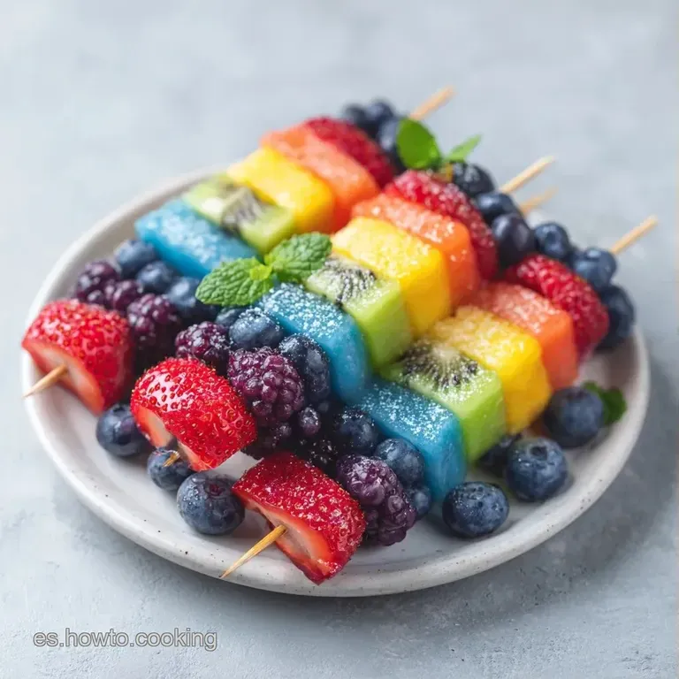 Trozos de fruta colorida dispuestos en abanico sobre plato blanco, resaltando el brillo jugoso de la fruta fresca.