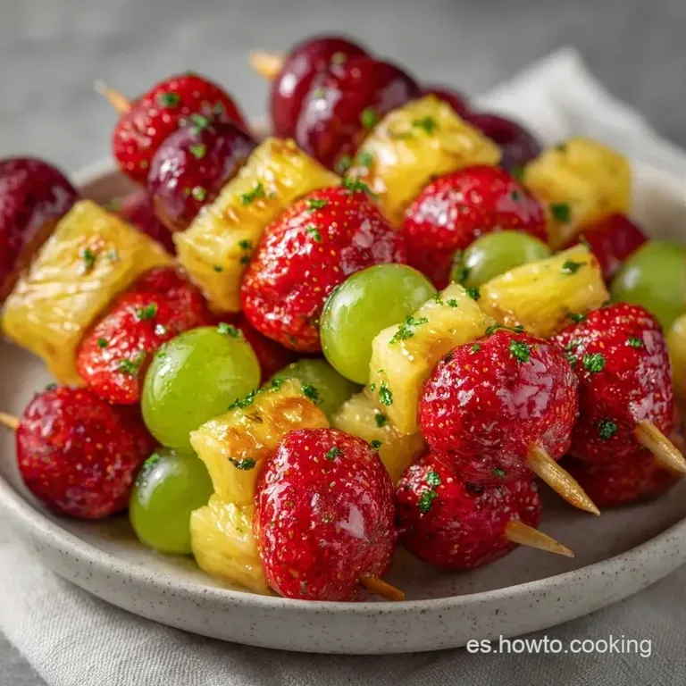 Brochetas de frutas coloridas dispuestas en abanico con hojas de menta fresca y un brillo jugoso y natural.