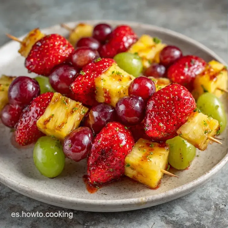 Brochetas de frutas frescas dispuestas en abanico, con gotas de jugo brillante y hojas de menta verde decorativas.