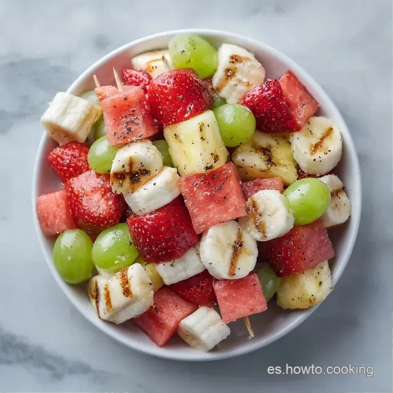 Brochetas frutales dispuestas en plato blanco con hojas de menta fresca y gotas de miel brillante que resaltan colores.