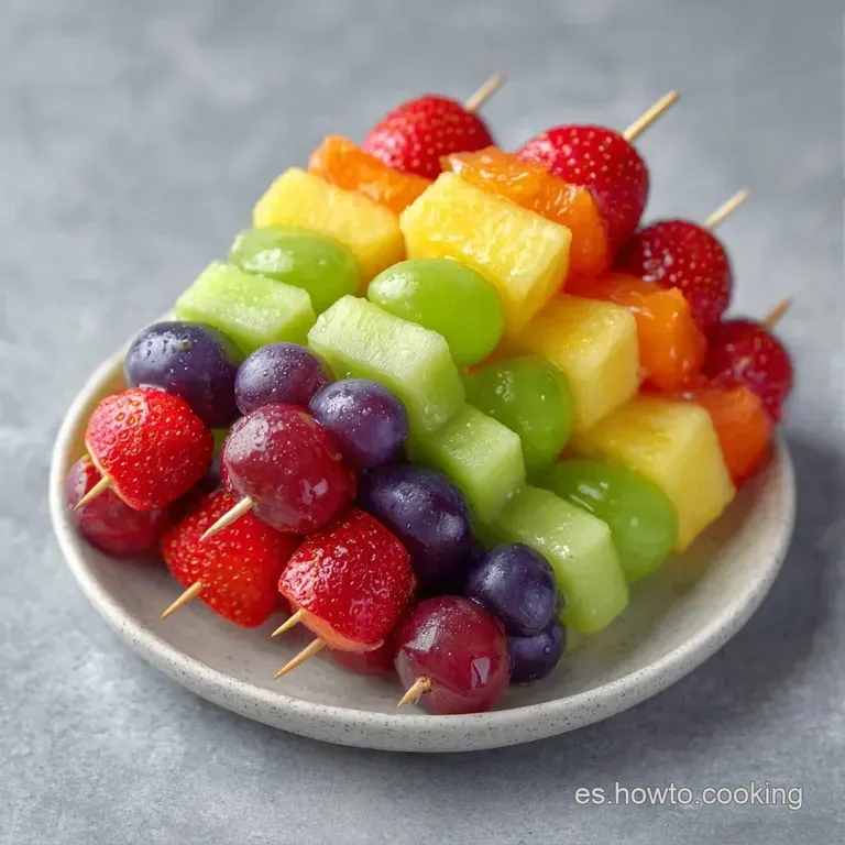 Frutas frescas y coloridas dispuestas en un plato de cer&aacute;mica blanca con hojas de menta verde y gotas de miel brillante.