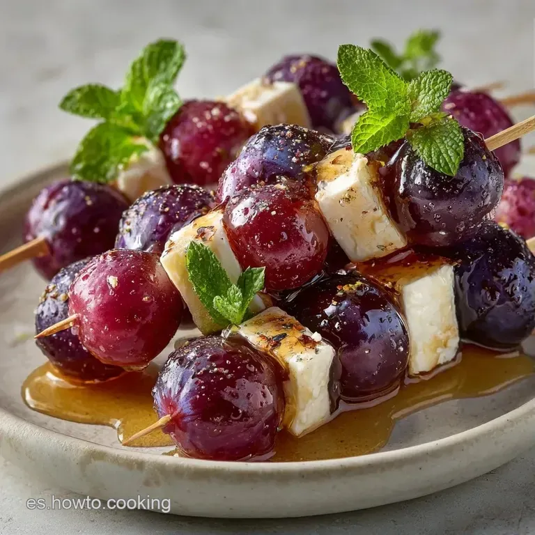 Brochetas dispuestas ordenadamente con queso fresco y uvas moradas, decoradas con hojas de menta y un hilo de miel.