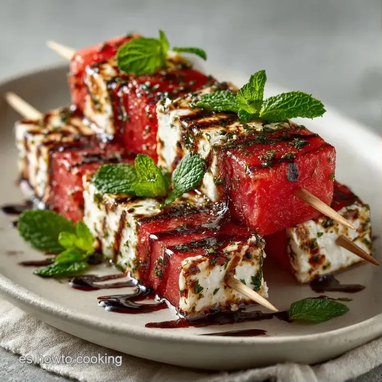 Brochetas alineadas con cubos rojos de sand&iacute;a y blanco puro de queso, adornadas con hojas verdes frescas y brillantes.