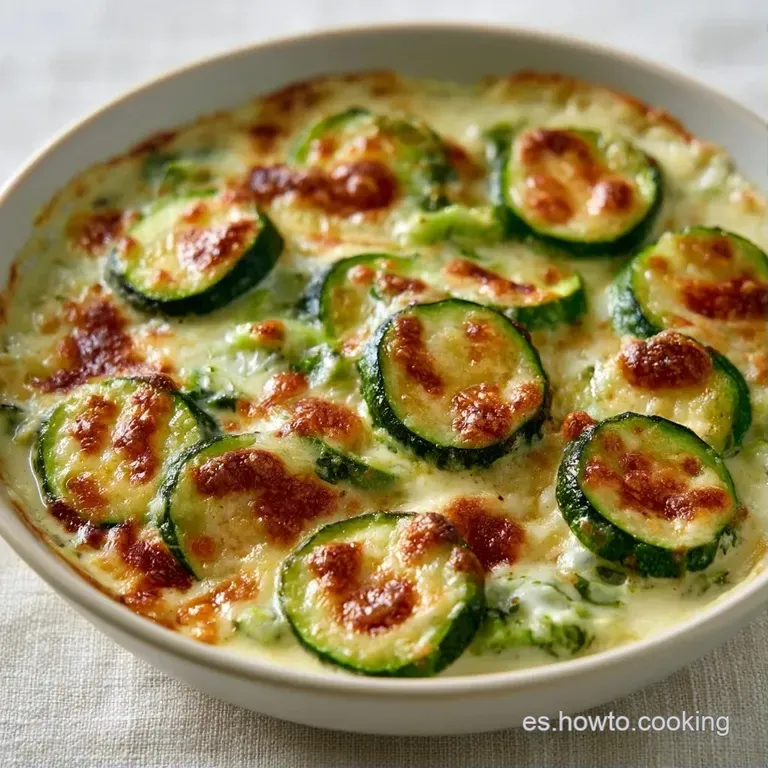 Porci&oacute;n de calabac&iacute;n gratinado servida en plato cer&aacute;mico con salsa blanca cremosa y un toque de perejil fresco picado.
