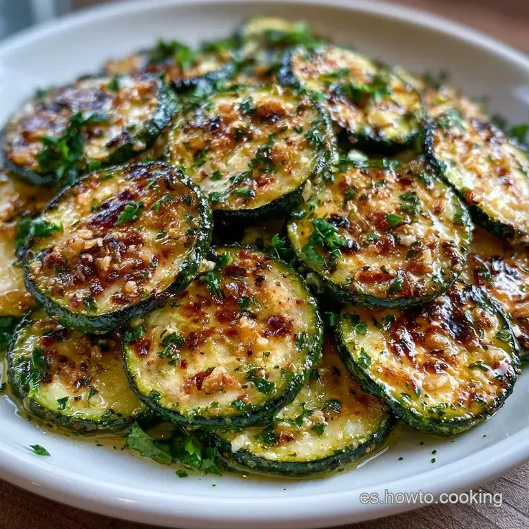 Rodajas verdes de calabac&iacute;n dispuestas en c&iacute;rculo, brillantes por el aceite, con ajo tostado y hierbas frescas encima.
