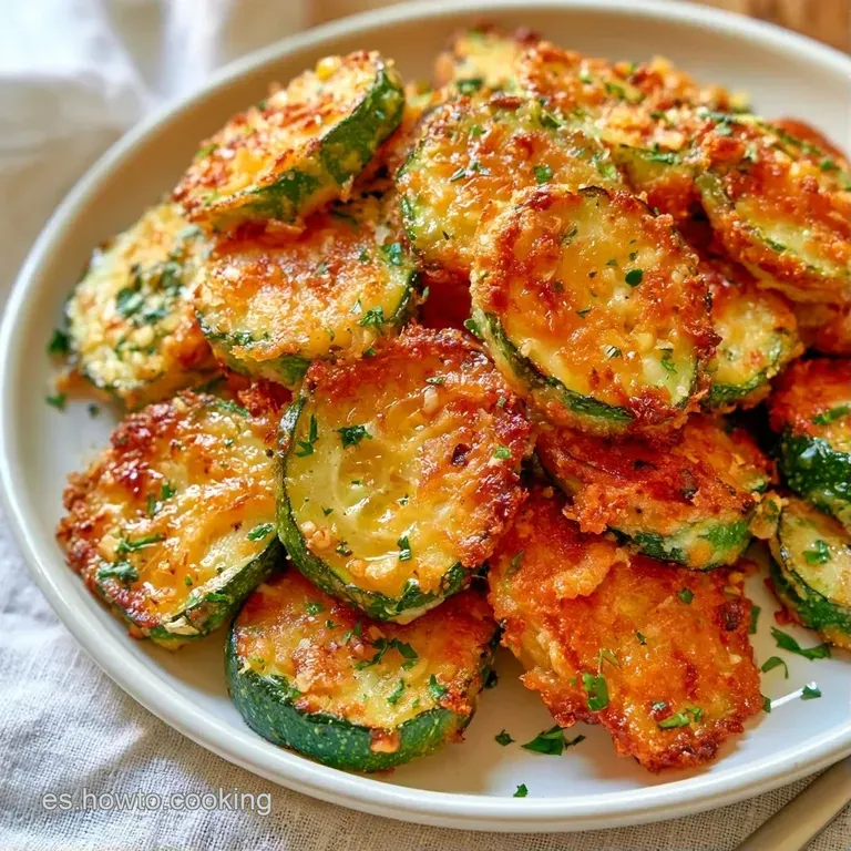 Montaña de calabacines salteados, brillantes por el aceite de oliva, decorados con hierbas verdes en plato elegante.