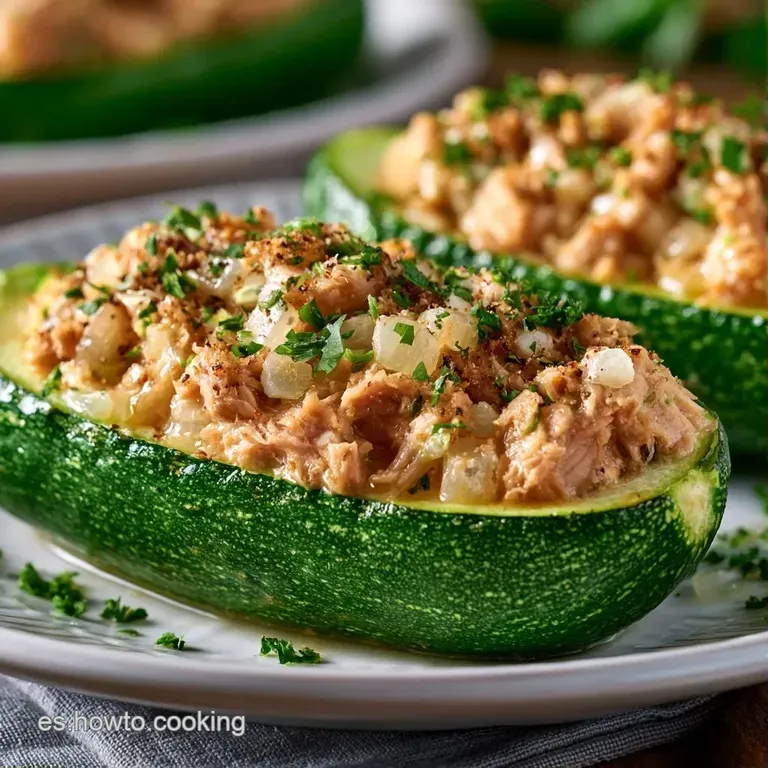 Dos calabacines rellenos sobre plato blanco, con queso gratinado burbujeante y un toque de color verde intenso arriba.