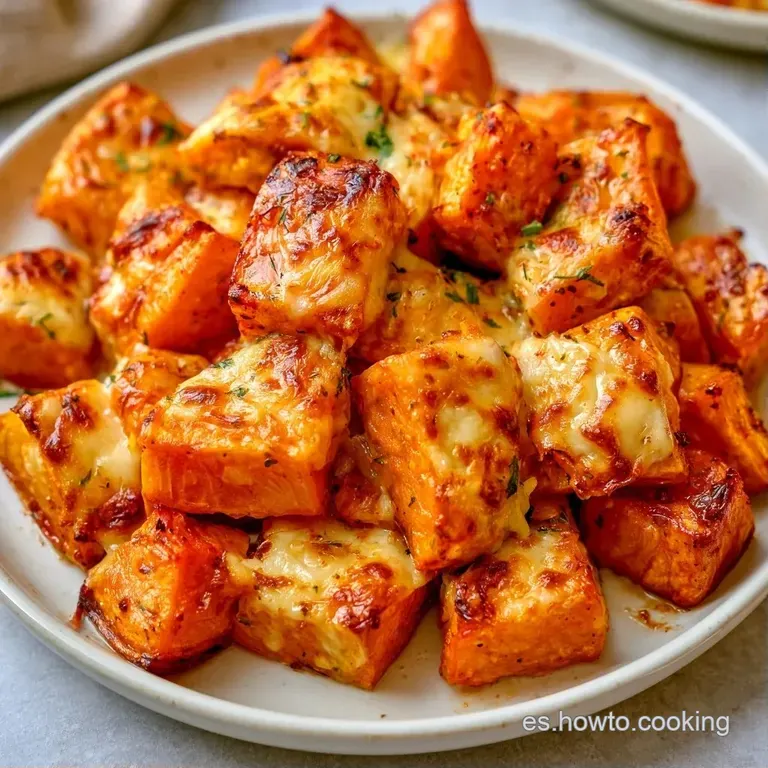 Rodajas de calabaza brillante dispuestas con queso derretido y un toque de perejil fresco sobre cerámica oscura.