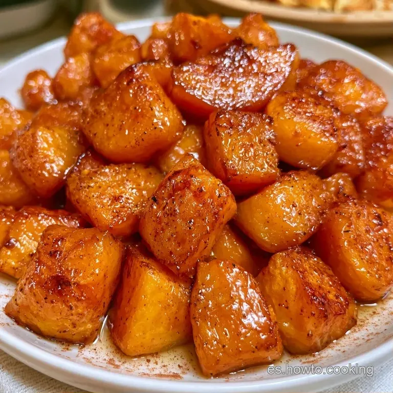 Trozos de calabaza asada dispuestos en círculo, bañados en miel espesa y brillante con hojas de menta fresca encima.