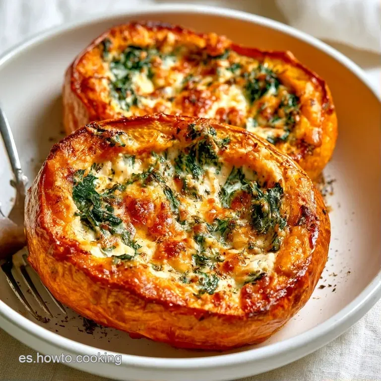 Calabaza asada dorada servida en un plato blanco minimalista, adornada con hojas verdes frescas y aceite brillante.