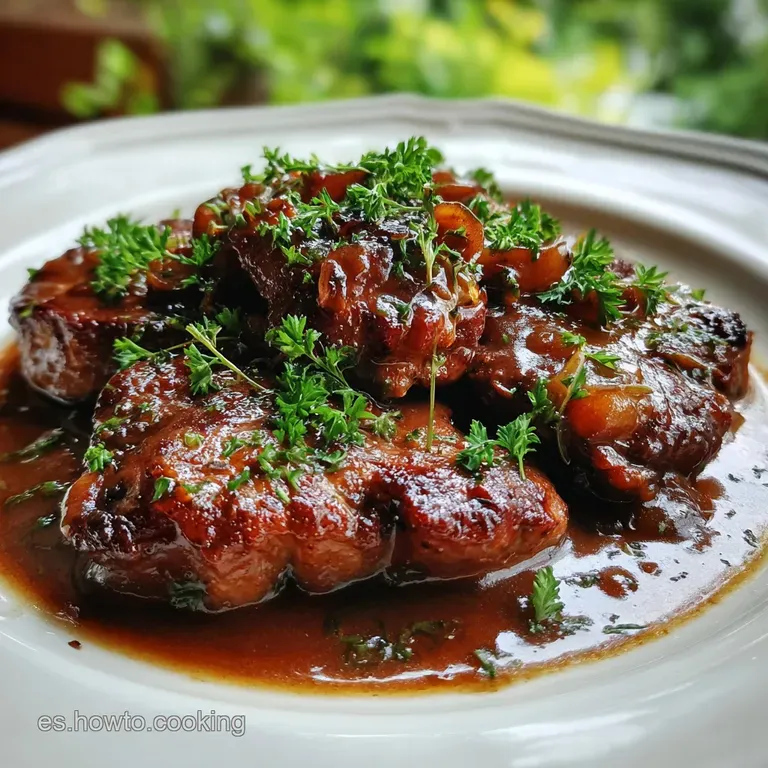 A perfectly plated pork cheek glistening with sauce, garnished with vibrant greens, showcasing a restaurant-quality dish.