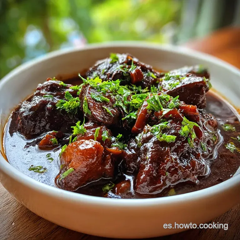 Tender pork cheek bathed in glossy sauce, artfully plated with creamy mashed potatoes and vibrant green parsley sprigs.