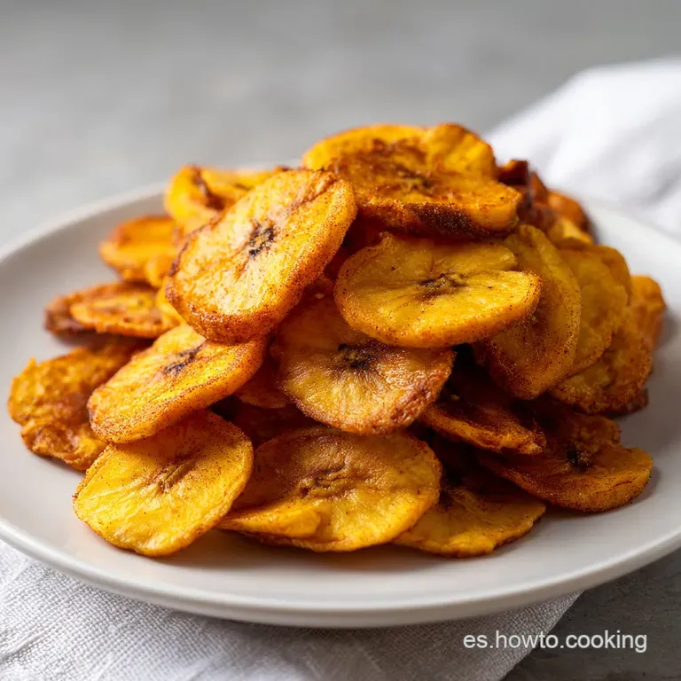 Crisp, cinnamon-dusted plantain chips artfully arranged on a white plate with a scattering of crushed nuts.