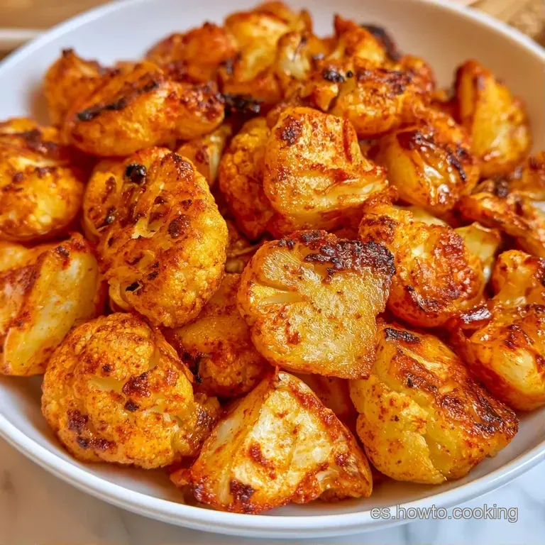 Coliflor asada con bordes crujientes y color ámbar, dispuesta armónicamente con gotas de salsa blanca y hierbas finas.