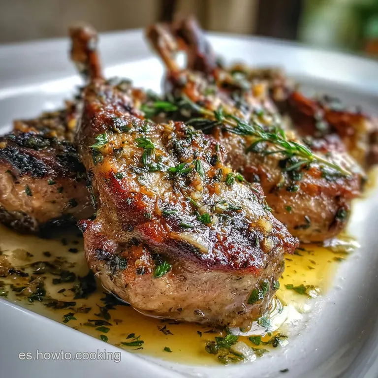 Perfectly browned rabbit, artfully arranged with toasted garlic slices & a sprinkle of fresh parsley on a rustic plate.