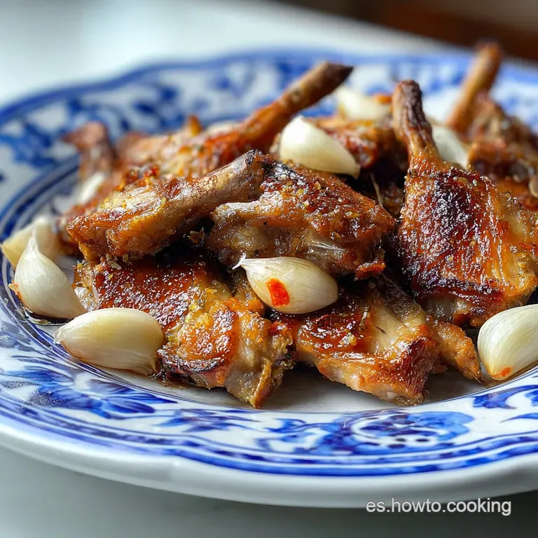 A single serving of tender rabbit, bathed in garlic sauce, presented on a white plate with fresh parsley sprigs. Rustic & ...