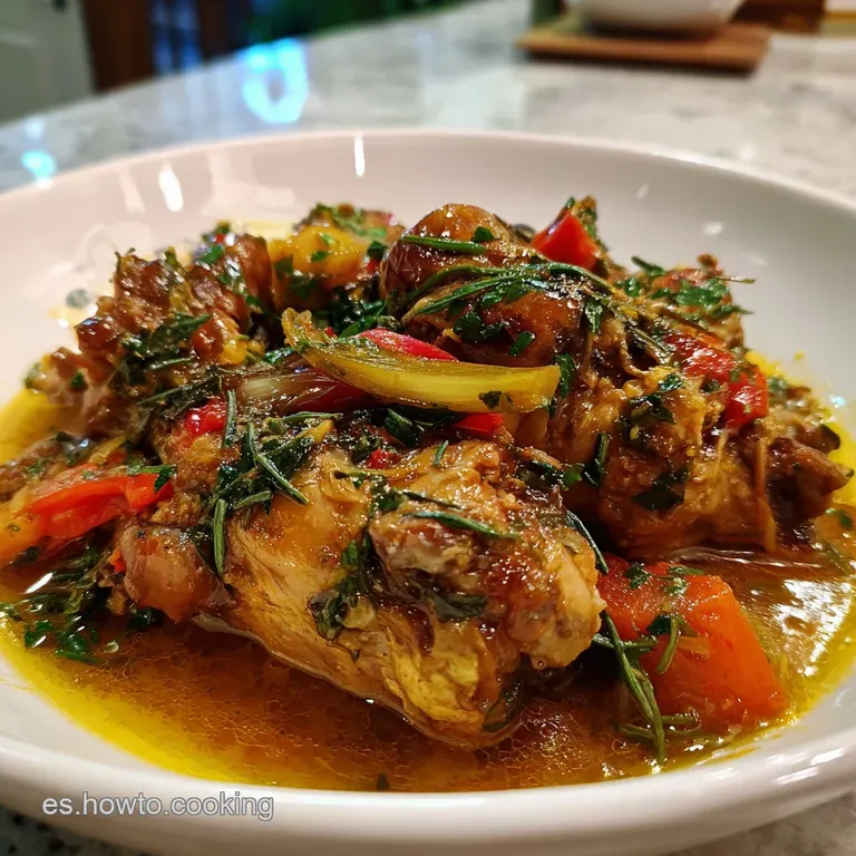 Braised rabbit portion, moist and tender, alongside creamy mashed potatoes. Garnished with vibrant sprig of thyme.