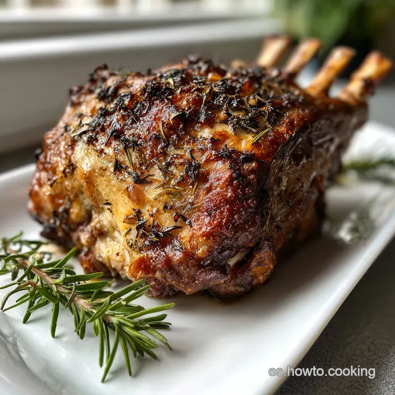 Elegant plate showcasing a slice of tender lamb with rosemary sprigs. Hints of caramelized crust and rendered fat glisten ...