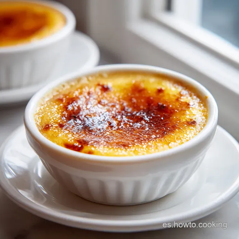 A delicate ceramic ramekin of crema catalana, its scorched sugar top gleaming under soft light.