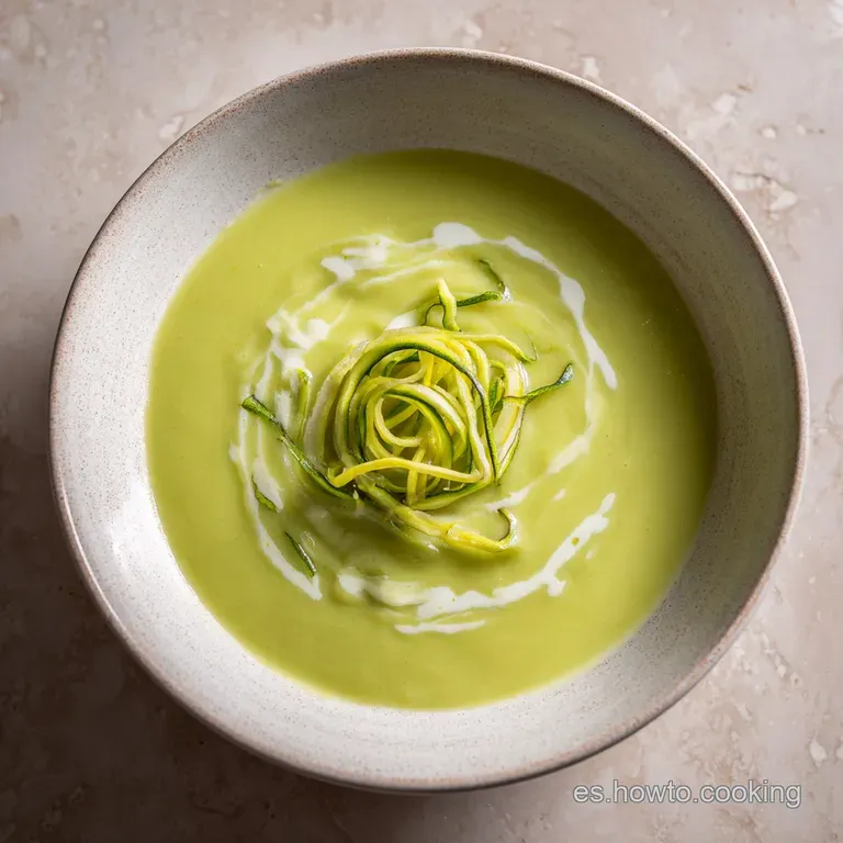 Elegant bowl of velvety zucchini cream soup, artfully adorned with a swirl of cream and delicate sprigs of fresh dill. App...