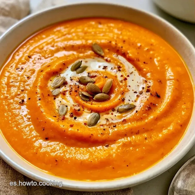 Sopa naranja espesa en cuenco blanco, adornada con gotas de aceite dorado y croutons crujientes sobre la superficie.