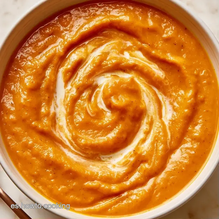Plato hondo con sopa espesa amarillenta, decorada con un hilo de aceite verde oliva y brotes frescos en el centro.