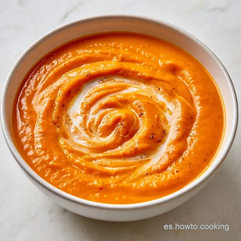 Sopa espesa de color naranja intenso servida en plato hondo, decorada con gotas blancas de coco y hojas de cilantro fresco.