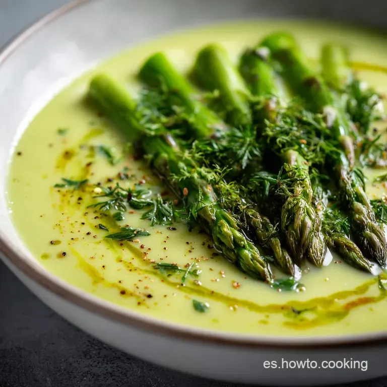Elegant bowl of creamy asparagus soup, garnished with microgreens and a swirl of cream, hinting at fresh spring flavors.