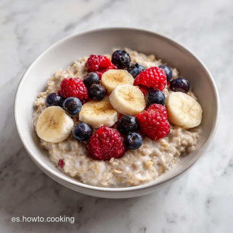 A rustic ceramic bowl filled with creamy oatmeal, adorned with colorful fruit and a drizzle of honey.