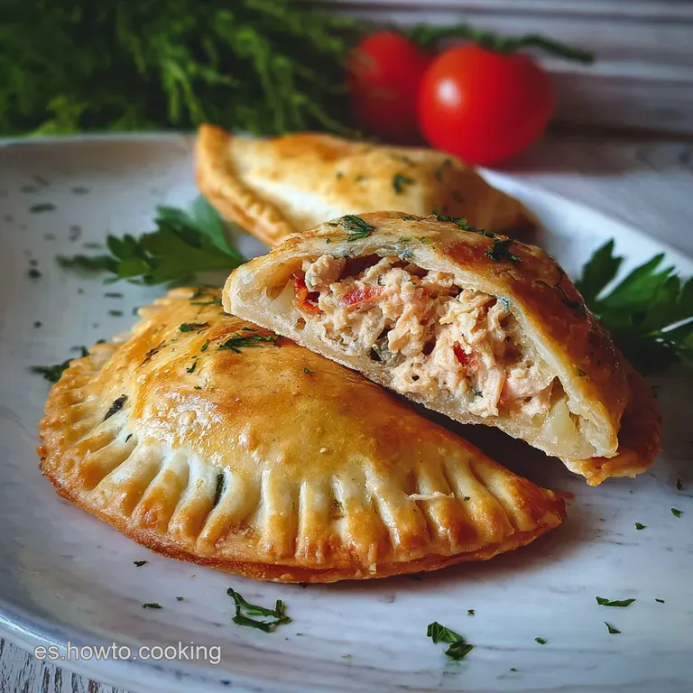 Flaky, golden empanada, sliced, showcasing the rich tuna filling. Served on rustic plate with a side of vibrant green salad.