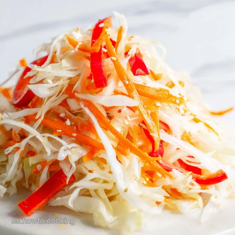 Ensalada colorida dispuesta con elegancia sobre plato blanco, resaltando texturas crujientes y tonos verdes y naranjas.