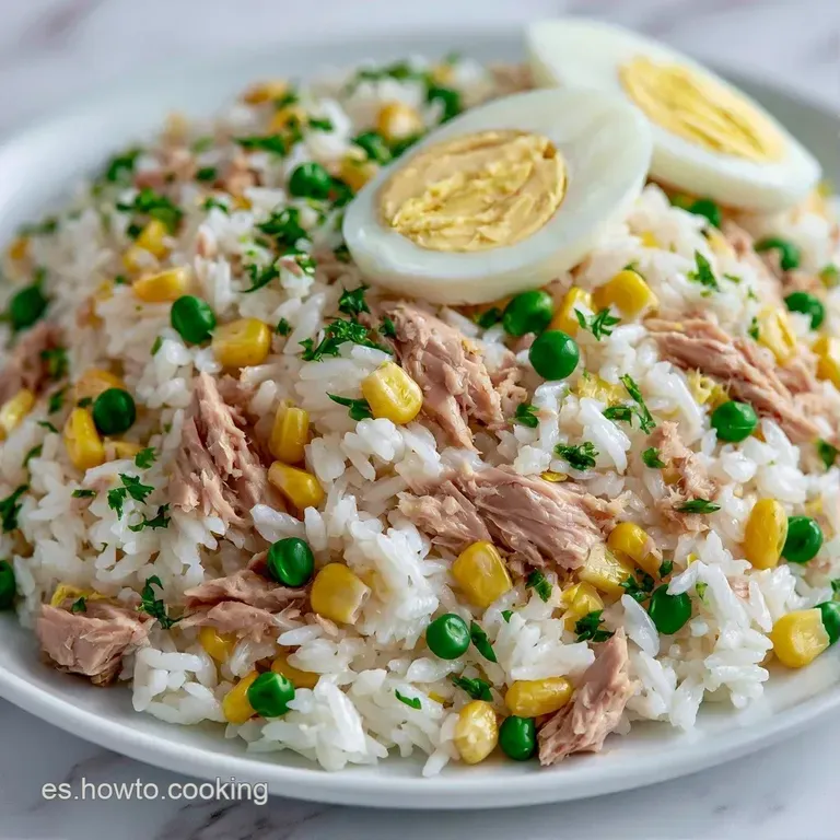 Ensalada dispuesta en plato cerámico con granos de arroz brillantes, rodajas de huevo y un toque de perejil verde picado.