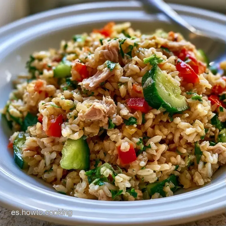 Ensalada colorida servida en plato cer&aacute;mico con trozos de at&uacute;n, granos de ma&iacute;z y perejil fresco picado encima.