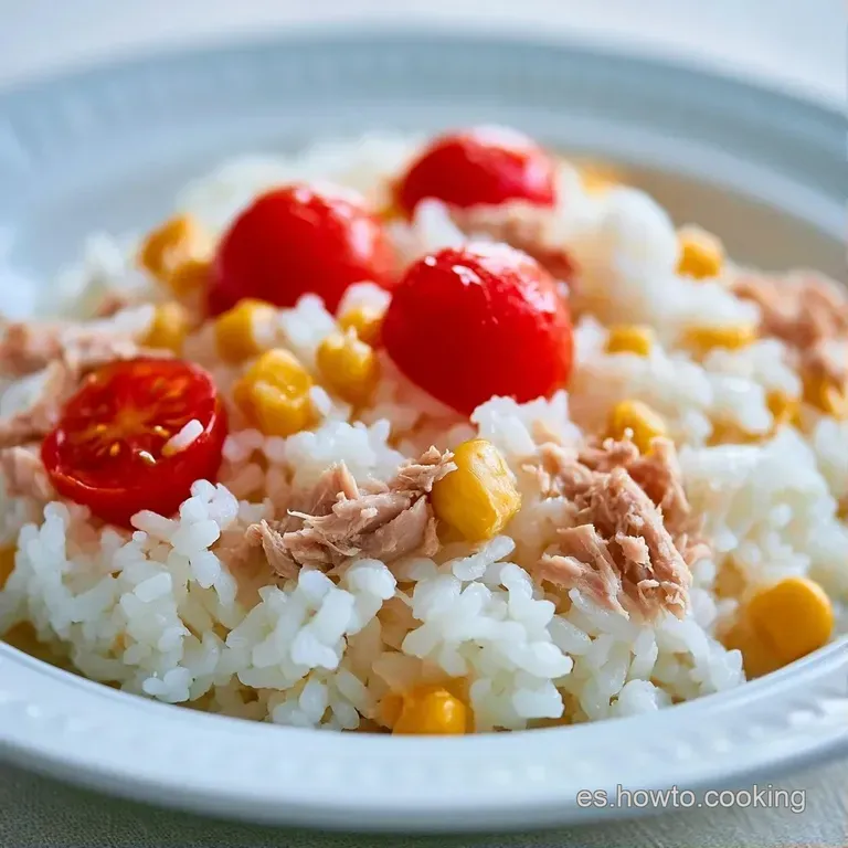 Ensalada fresca servida en plato cer&aacute;mico con trozos de at&uacute;n, ma&iacute;z y pimientos picados, adornada con hojas de perejil.