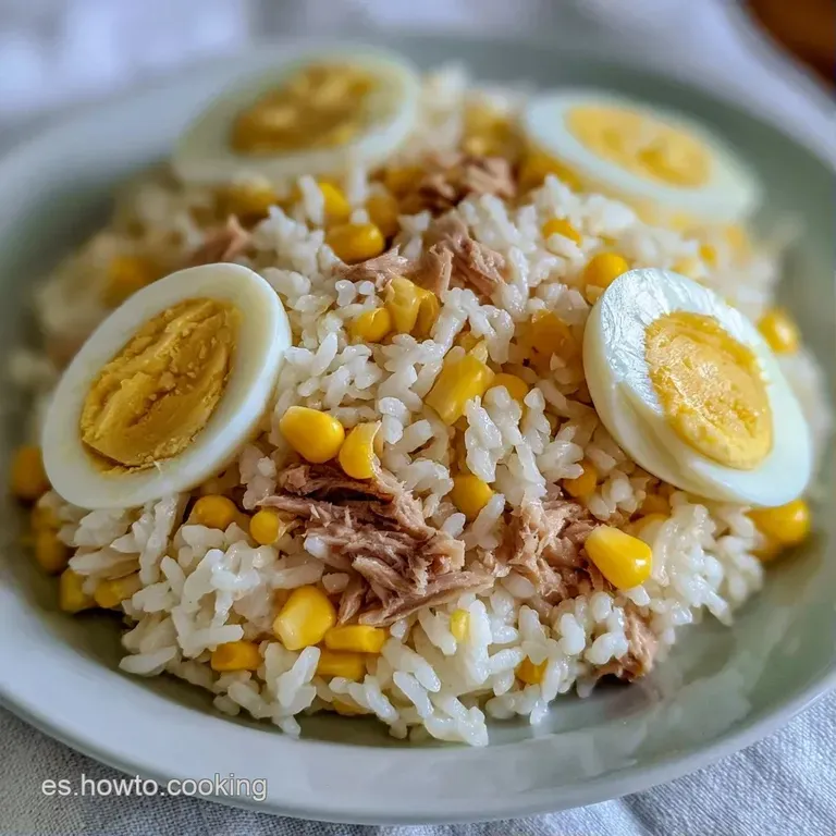 Ensalada colorida servida en plato cer&aacute;mico con granos de arroz sueltos, trozos de zanahoria y un toque de aceite oliva.