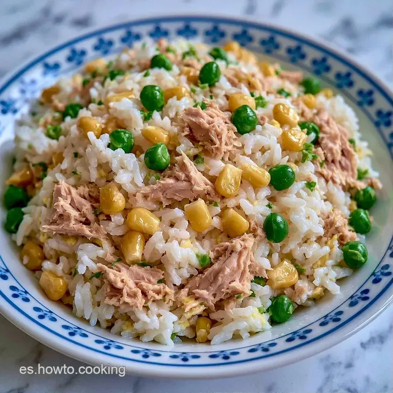 Arroz moldeado circularmente con atún, pimientos rojos y perejil fresco, servido elegantemente en un plato cerámico.