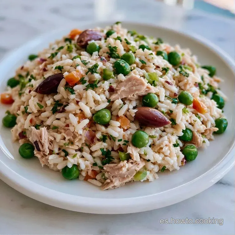 Ensalada fresca servida en plato blanco, resaltando granos de arroz brillantes y colores vibrantes de hortalizas.