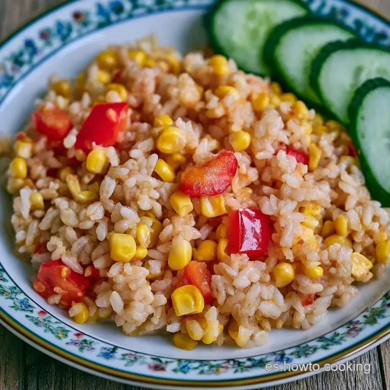 Bol blanco minimalista con arroz y ma&iacute;z, decorado con perejil fresco y un ligero brillo de aceite sobre los granos.
