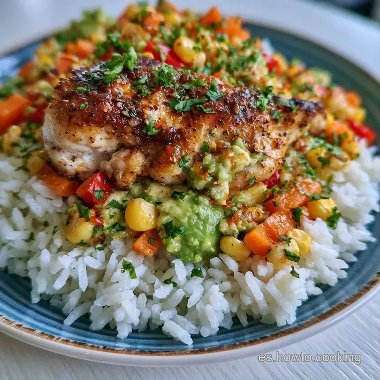 Bowl cer&aacute;mico con arroz esponjoso, l&aacute;minas de aguacate cremoso y pollo jugoso adornado con hojas frescas de cilantro.