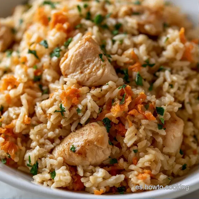 Plato cer&aacute;mico con ensalada de arroz moldeada, decorada con perejil fresco y trozos de pollo jugoso sobre fondo neutro.