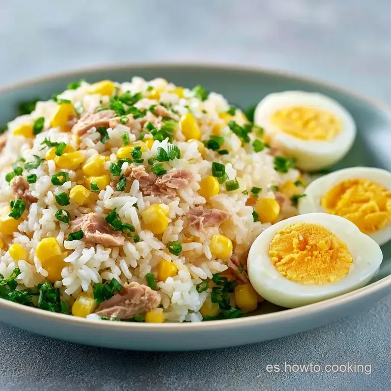 Arroz blanco decorado con perejil fresco y hilos de aceite dorado, servido en un plato blanco minimalista y limpio.