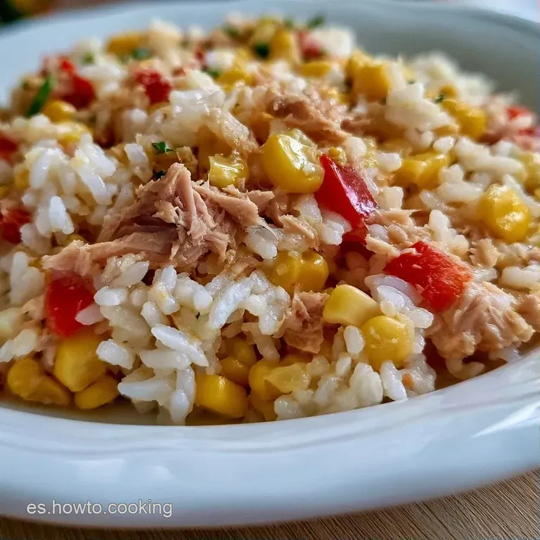 Mezcla fresca dispuesta en plato cer&aacute;mico, con granos de arroz brillantes, at&uacute;n desmenuzado y perejil verde picado.