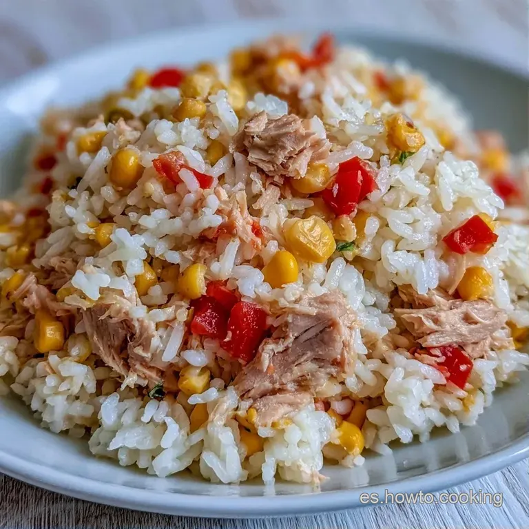 Ensalada fresca servida en plato cer&aacute;mico con trozos de at&uacute;n, ma&iacute;z dorado y perejil verde sobre arroz blanco brillante.