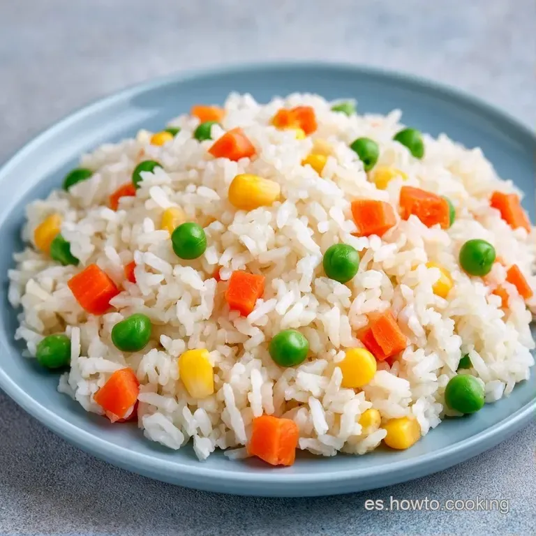 Porci&oacute;n cil&iacute;ndrica de arroz adornada con trozos de pimiento rojo y perejil fresco sobre un plato de cer&aacute;mica blanca.