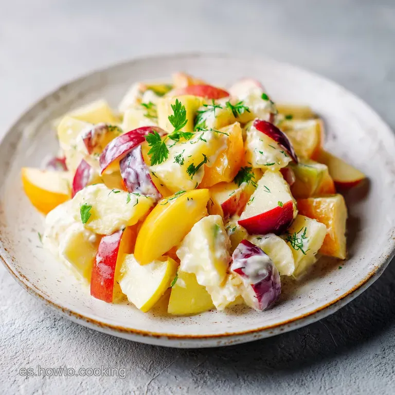 Elegant serving of creamy apple salad with pecan halves and cranberries, dusted with cinnamon, sits on a holiday-themed pl...