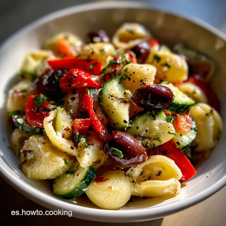 A bright and fresh pasta salad elegantly plated, boasting a creamy dressing and colorful vegetables, topped with fresh basil.