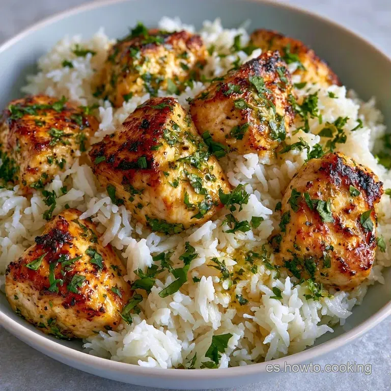 Montaje elegante de arroz con pollo dorado, decorado con perejil fresco y trozos de pimiento rojo sobre fondo neutro.