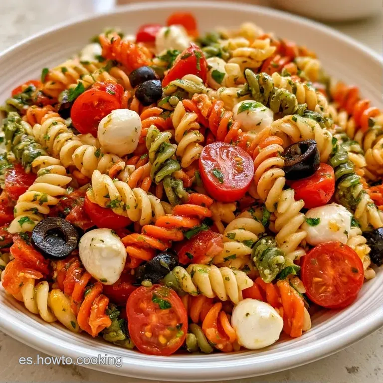 Plato blanco con pasta colorida, aceitunas negras y un glaseado brillante que resalta los tonos rojos y verdes vivos.
